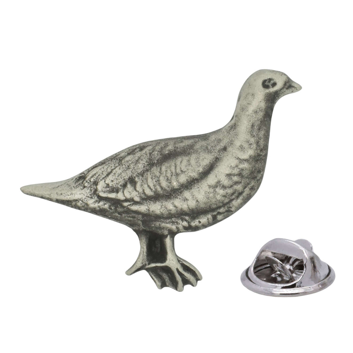 Antique silver-coloured grouse game bird lapel pin with detailed feathers and butterfly clasp