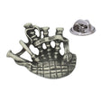 Antique silver-coloured Scottish bagpipes lapel pin with detailed pipes, patterned bag and butterfly clasp