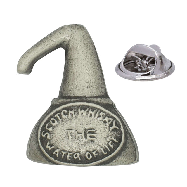 Antique silver-coloured Scotch whisky still lapel pin with Water of Life inscription and butterfly clasp
