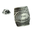 Antique silver-coloured Scotch whisky cask barrel lapel pin with Water of Life lettering and butterfly clasp