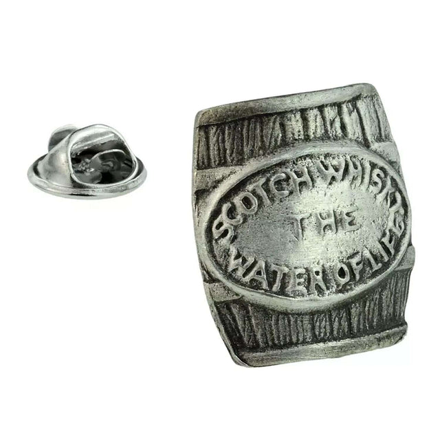 Antique silver-coloured Scotch whisky cask barrel lapel pin with Water of Life lettering and butterfly clasp