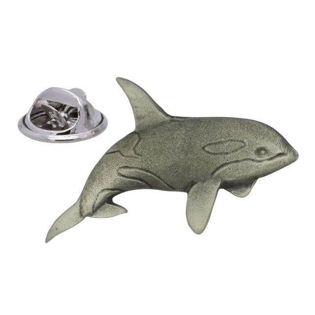 Antique silver-coloured orca killer whale lapel pin badge with butterfly clasp