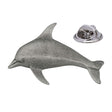 Antique silver-coloured dolphin lapel pin badge with dorsal fin, flippers and butterfly clasp