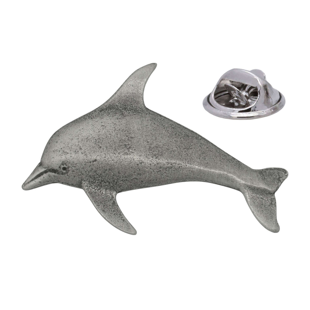 Antique silver-coloured dolphin lapel pin badge with dorsal fin, flippers and butterfly clasp
