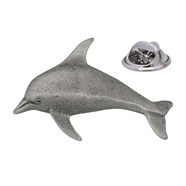 Antique silver-coloured dolphin lapel pin badge with dorsal fin, flippers and butterfly clasp