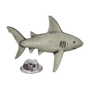Antique silver-coloured shark lapel pin badge with dorsal fin, gill details and butterfly clasp