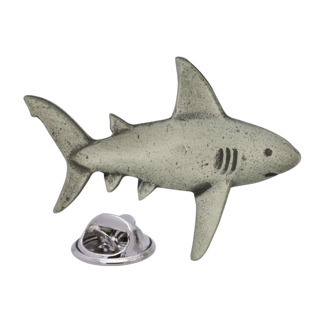 Antique silver-coloured shark lapel pin badge with dorsal fin, gill details and butterfly clasp