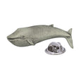 Antique silver-coloured blue whale lapel pin with pleated throat, flipper, tail and butterfly clasp