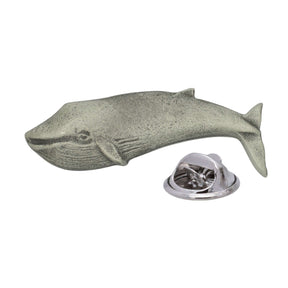 Antique silver-coloured blue whale lapel pin with pleated throat, flipper, tail and butterfly clasp