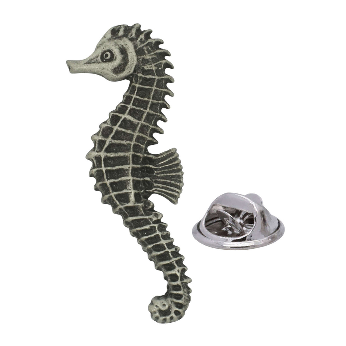 Antique silver-coloured seahorse lapel pin with curled tail, textured body and butterfly clasp