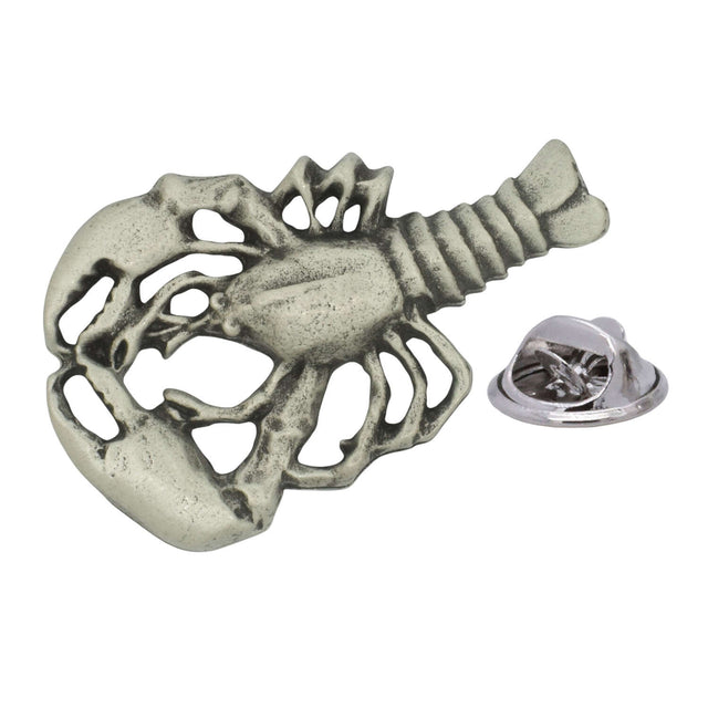 Antique silver-coloured lobster lapel pin badge with claws, legs, segmented tail and butterfly clasp