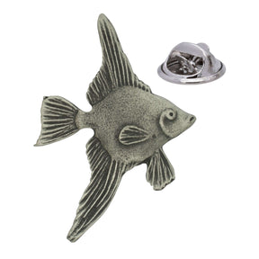 Antique silver-coloured angelfish lapel pin badge with long detailed fins and butterfly clasp