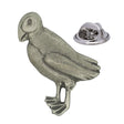 Antique silver-coloured puffin seabird lapel pin badge with distinctive beak, folded wing and butterfly clasp