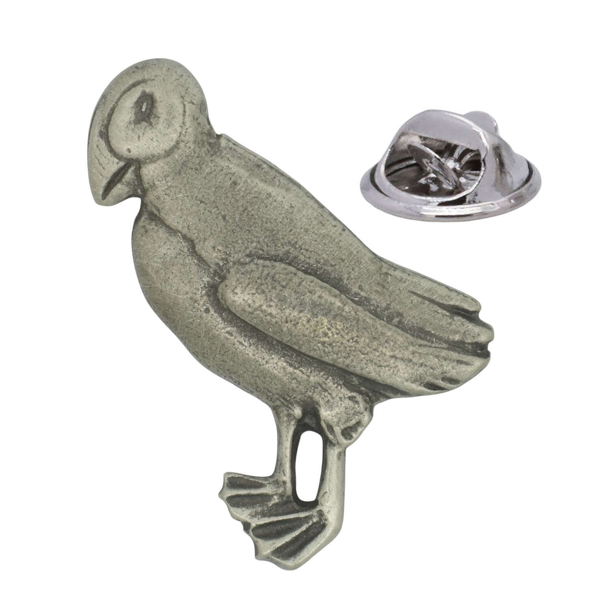 Antique silver-coloured puffin seabird lapel pin badge with distinctive beak, folded wing and butterfly clasp