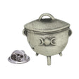 Antique silver-coloured witch's cauldron lapel pin with triple moon symbol, lid and butterfly clasp