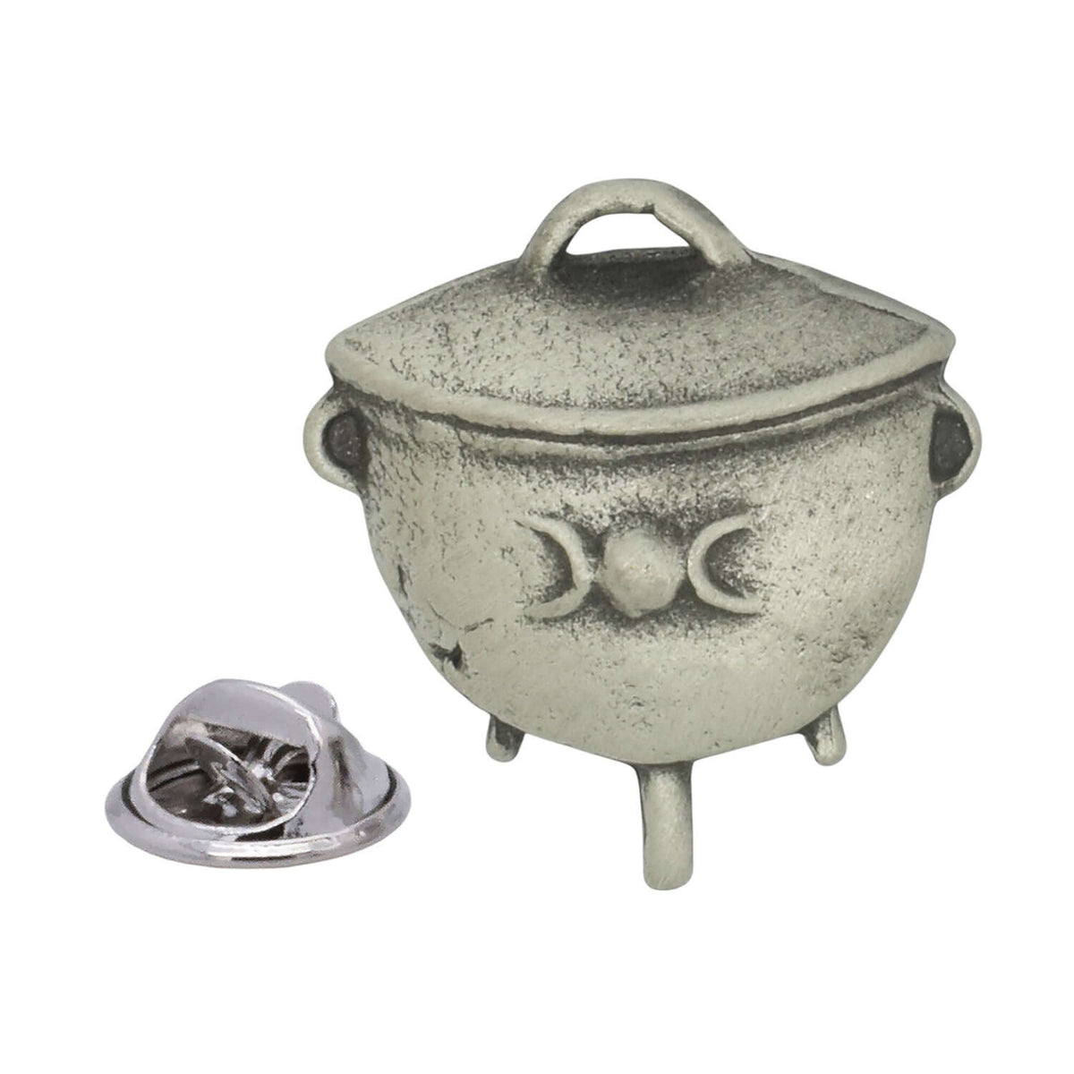 Antique silver-coloured witch's cauldron lapel pin with triple moon symbol, lid and butterfly clasp