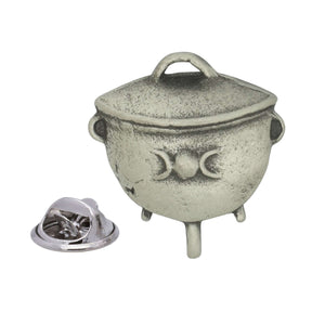 Antique silver-coloured witch's cauldron lapel pin with triple moon symbol, lid and butterfly clasp