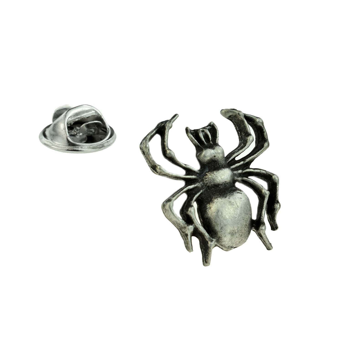 Antique silver-coloured spider lapel pin badge with eight legs and butterfly clasp