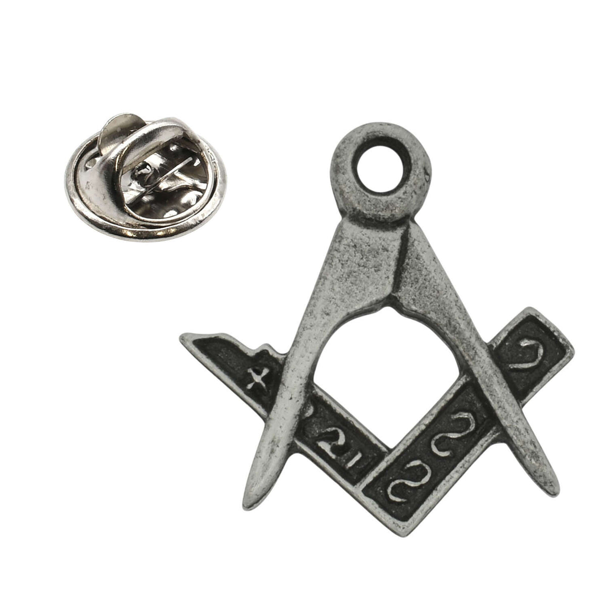 Antique silver-coloured Masonic square and compasses lapel pin without G, with butterfly clasp