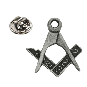 Antique silver-coloured Masonic square and compasses lapel pin without G, with butterfly clasp