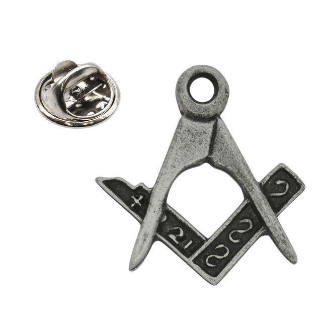 Antique silver-coloured Masonic square and compasses lapel pin without G, with butterfly clasp