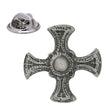 Antique silver-coloured St Cuthbert's cross lapel pin badge with ornate detailing and butterfly clasp