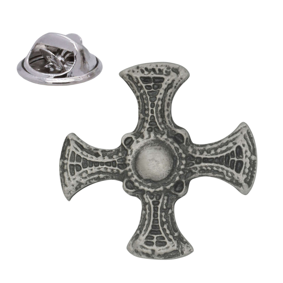 Antique silver-coloured St Cuthbert's cross lapel pin badge with ornate detailing and butterfly clasp