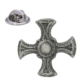 Antique silver-coloured St Cuthbert's cross lapel pin badge with ornate detailing and butterfly clasp