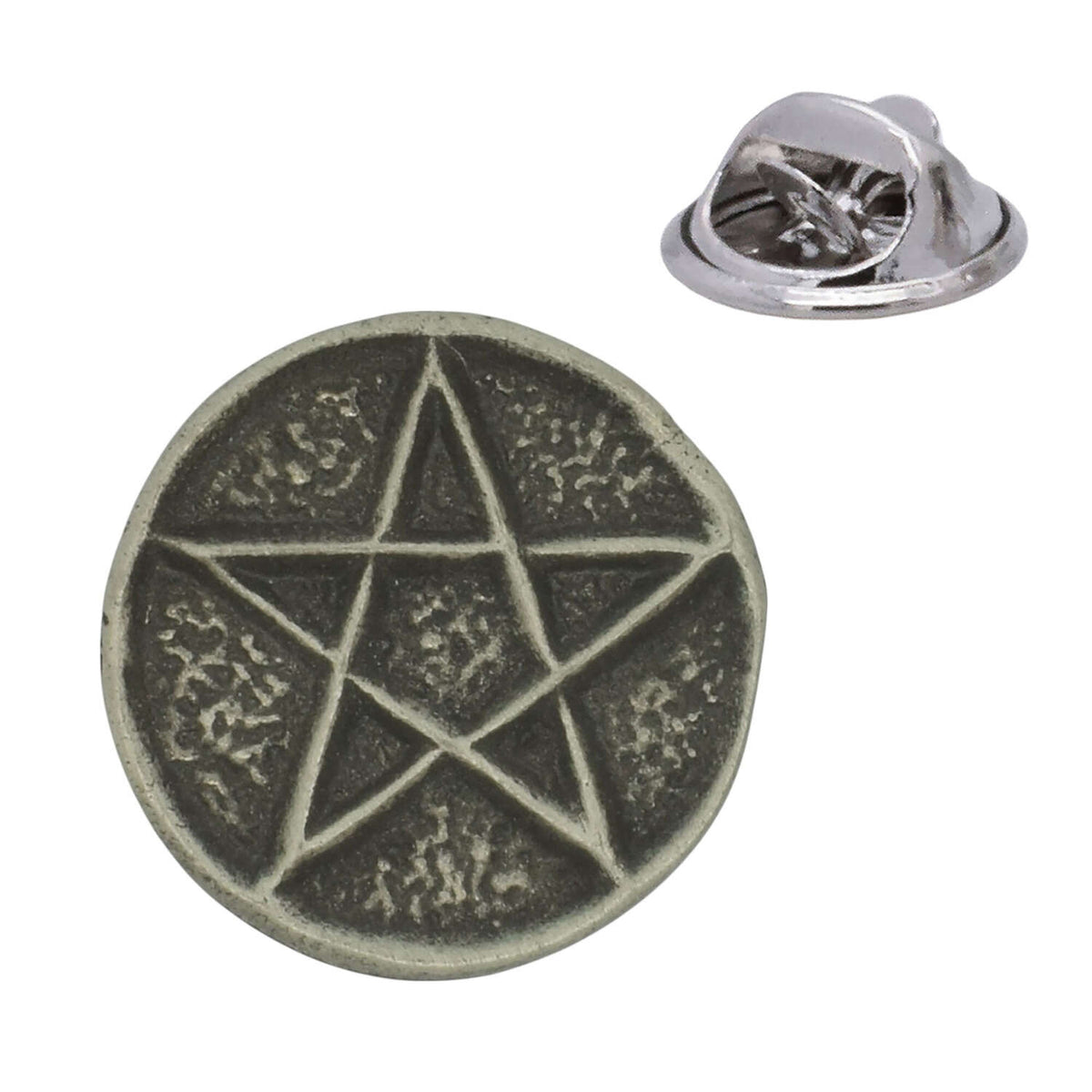 Antique silver-coloured circular pentagram lapel pin badge with five-pointed star and butterfly clasp