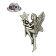 Antique silver-coloured wishing fairy lapel pin holding a star wand with sparkling clear stone and butterfly clasp