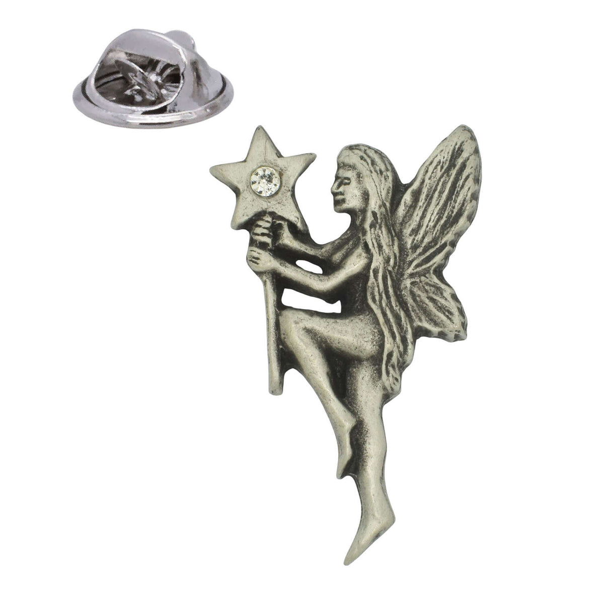 Antique silver-coloured wishing fairy lapel pin holding a star wand with sparkling clear stone and butterfly clasp