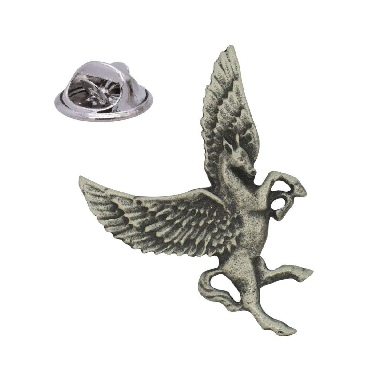 Antique silver-coloured Pegasus winged horse lapel pin badge with detailed wings and butterfly clasp