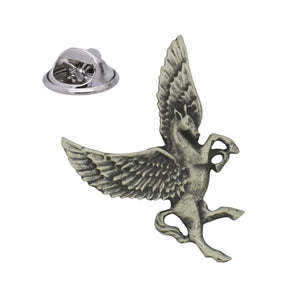 Antique silver-coloured Pegasus winged horse lapel pin badge with detailed wings and butterfly clasp