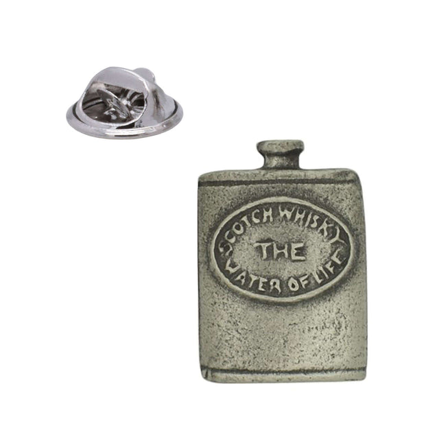 Antique silver-coloured Scotch whisky hip flask lapel pin with Water of Life inscription and butterfly clasp