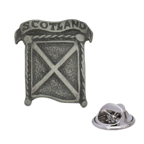Antique silver-coloured Scotland Saltire lapel pin badge with Scotland banner, St Andrew's cross and butterfly clasp
