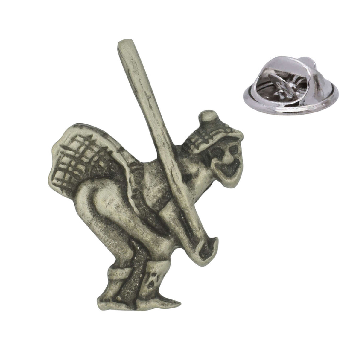 Antique silver-coloured Scottish caber tossing Highland Games lapel pin with butterfly clasp