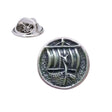 Antique silver-coloured circular Viking longship lapel pin badge with sail and butterfly clasp