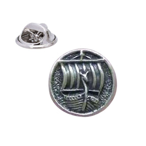 Antique silver-coloured circular Viking longship lapel pin badge with sail and butterfly clasp