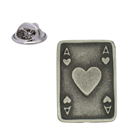 Antique silver-coloured ace of hearts playing card lapel pin badge with butterfly clasp
