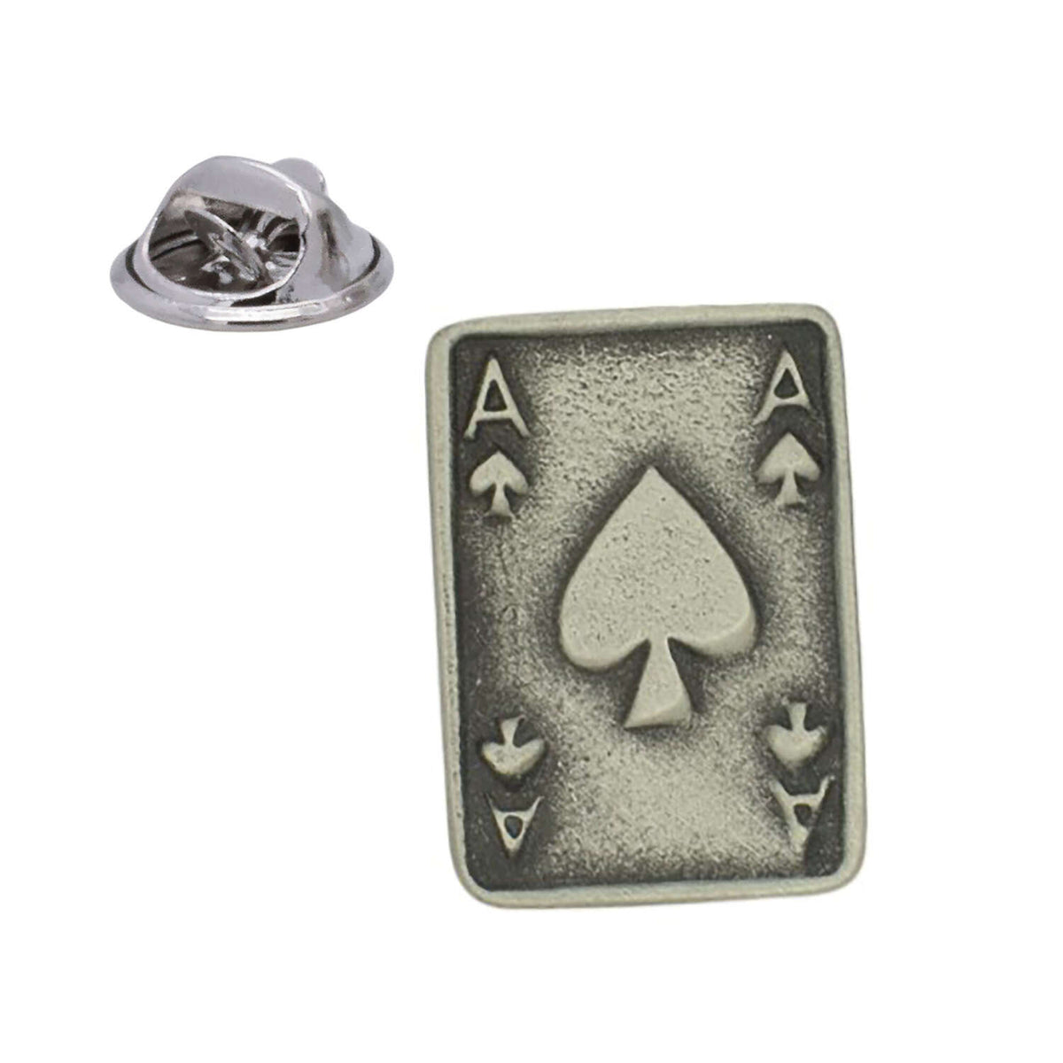 Antique silver-coloured Ace of Spades playing card lapel pin badge with butterfly clasp