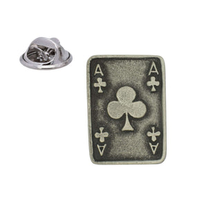Antique silver-coloured Ace of Clubs playing card lapel pin badge with butterfly clasp