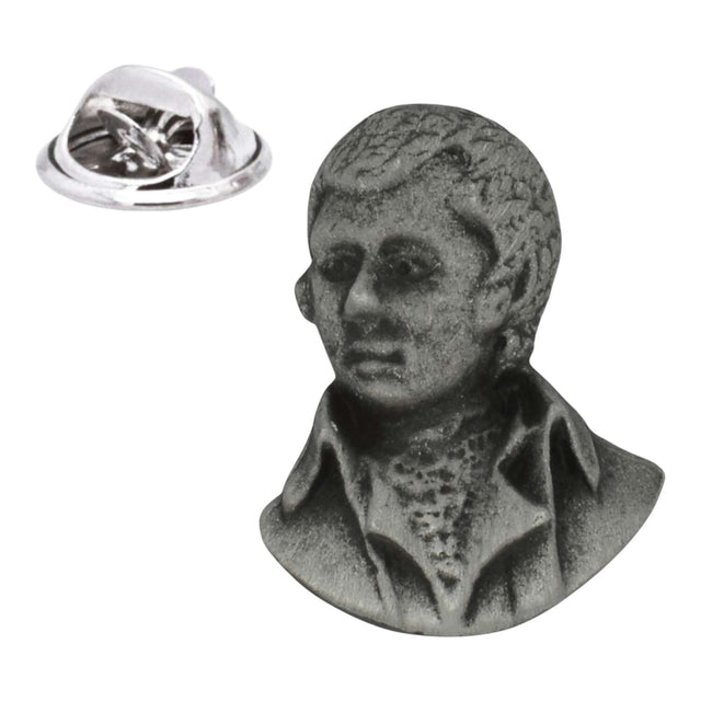 Antique silver-coloured Robert Rabbie Burns portrait lapel pin with butterfly clasp