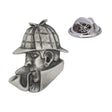 Antique silver-coloured Sherlock Holmes detective portrait lapel pin badge with deerstalker hat, pipe and butterfly clasp