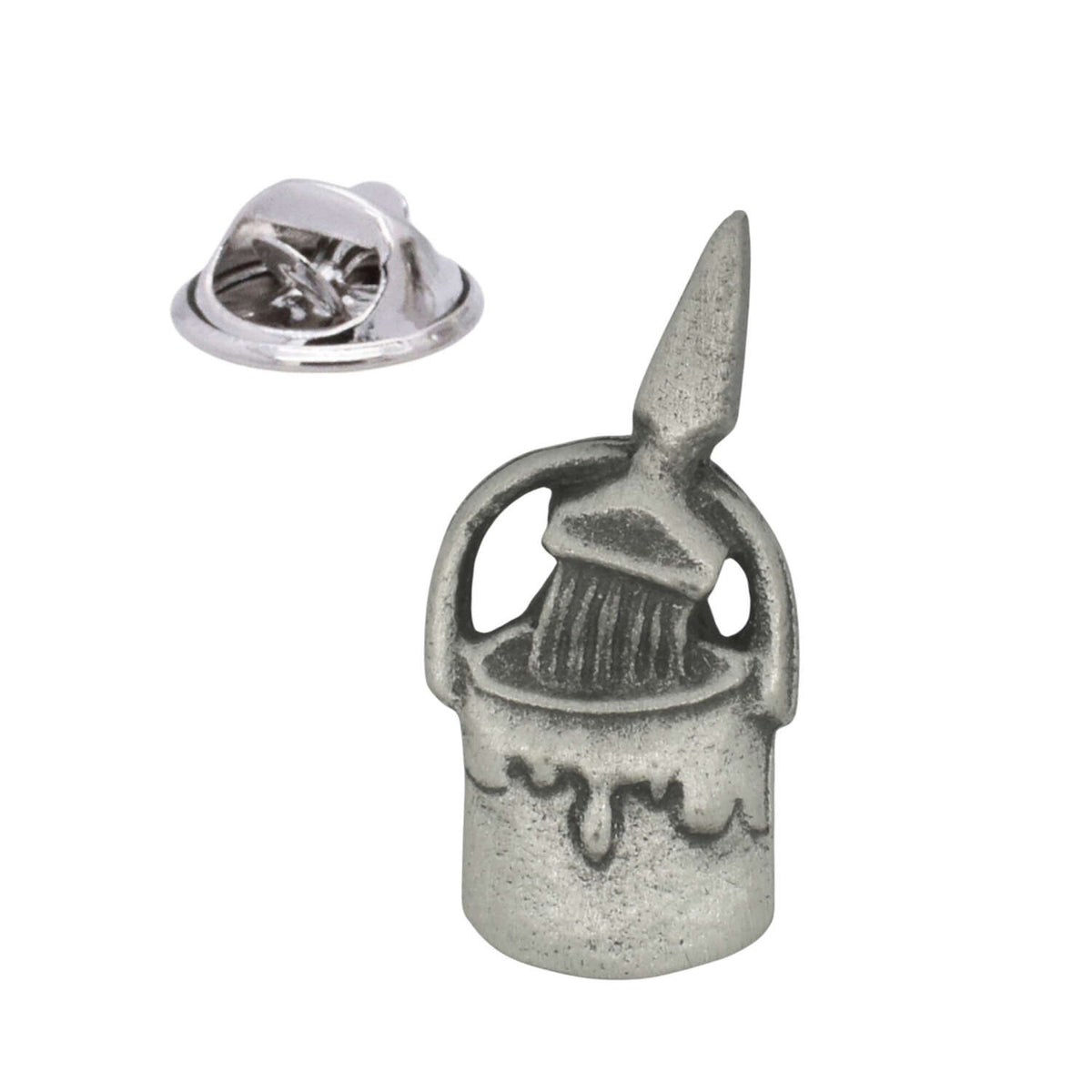 Antique silver-coloured paint pot and paintbrush lapel pin badge with butterfly clasp