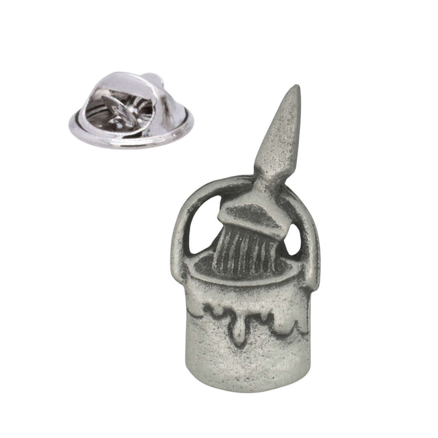 Antique silver-coloured paint pot and paintbrush lapel pin badge with butterfly clasp