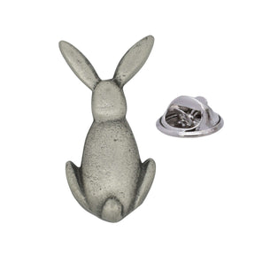 Antique silver coloured hare rabbit lapel pin viewed from behind with long upright ears and butterfly clasp