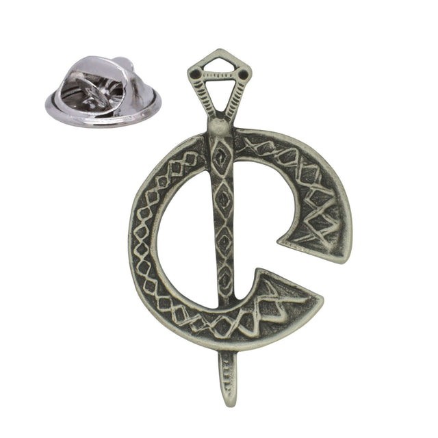 Antique silver coloured Tara brooch inspired Celtic circular pin badge with decorative interlace and butterfly clasp