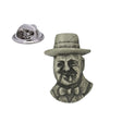 Antique silver coloured Winston Churchill portrait lapel pin badge with hat bow tie and butterfly clasp