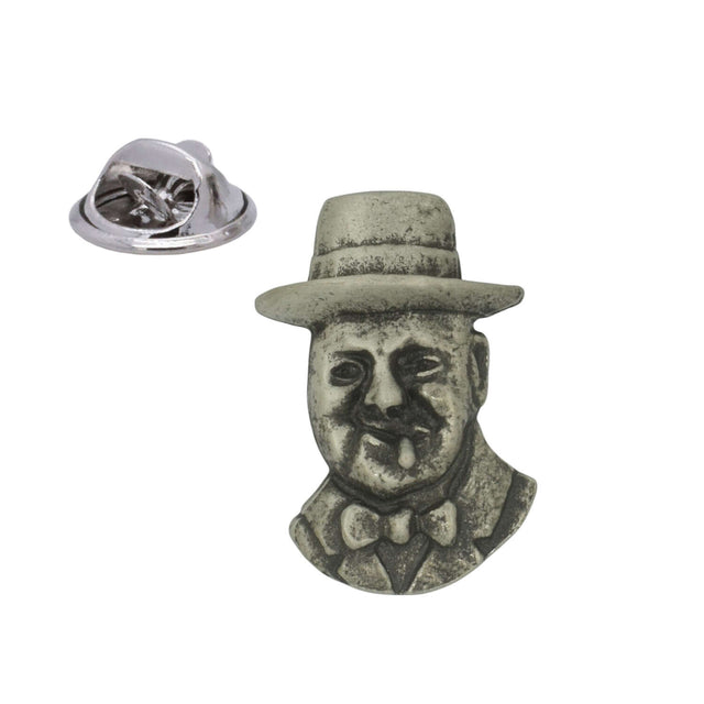 Antique silver coloured Winston Churchill portrait lapel pin badge with hat bow tie and butterfly clasp