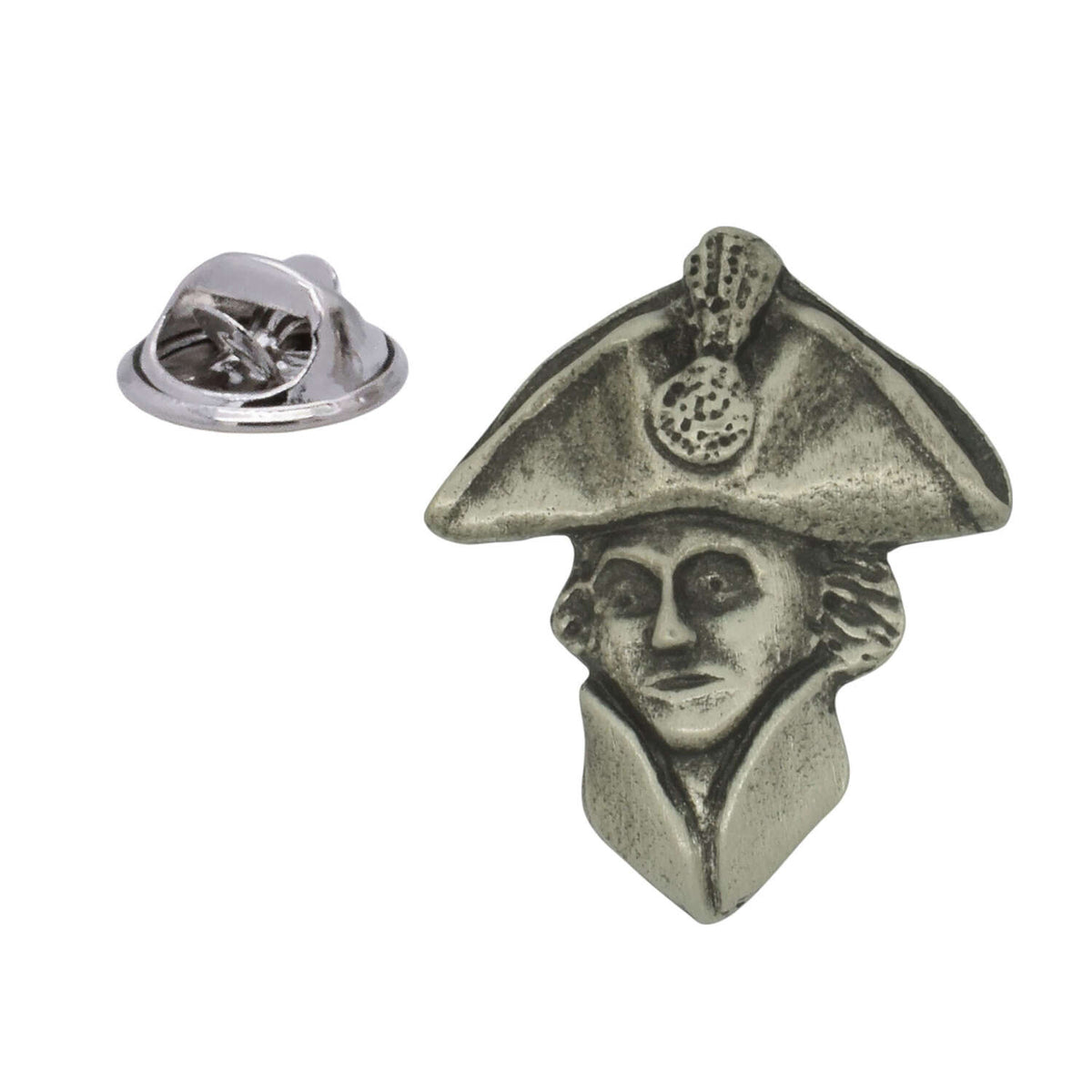 Antique silver-coloured Admiral Lord Nelson portrait lapel pin with bicorne hat and butterfly clasp